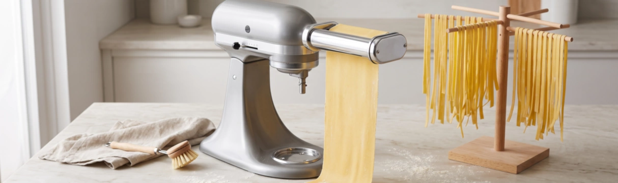 KitchenAid 3 Piece Pasta Roller Cutter Set attached to a stand mixer with fresh fettuccine drying on a rack
